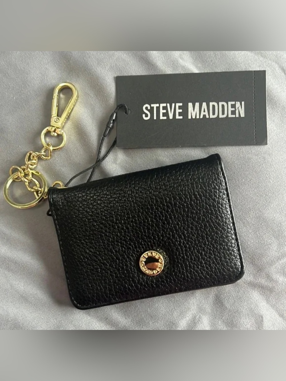 Steve Madden Black Pebbled Card Case with Gold Accent